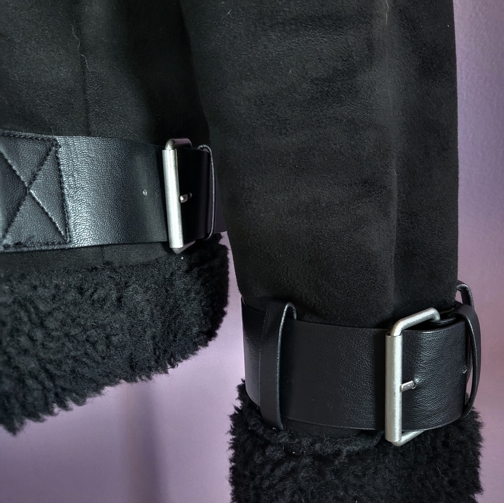 Zara Black Faux Suede Sherpa Lined Oversized Buckle Aviator Bomber Jacket Coat - Picture 8 of 14